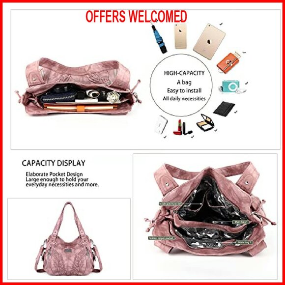 Soft Washed PU Leather Tote Bag with Adjustable Strap, Multiple Pockets - Picture 6 of 8